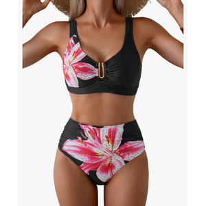 Eomenie Bikini Sets for Women High Waisted Two Piece Bathing Suit U Wired V Neck Swimsuit Adjustable Straps Swimwear, Medium