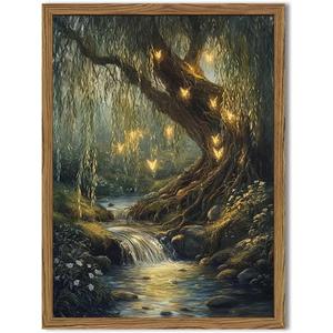 Vintage Forest Fairy Wall Art Whimsical Cottagecore Tree Fairy Wall Decor Painting Magical Landscape 3D Texture Hand Drawn Sandstone Artwork for Bedroom Living Room 16x24 inch Wood Framed