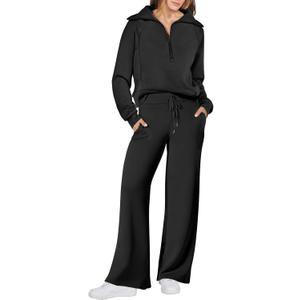 ANRABESS Womens 2 Piece Outfits Half Zip Sweatshirt & Wide Leg Pants Airport Travel Lounge Matching Sets Sweatsuits Clothing (Black, M)