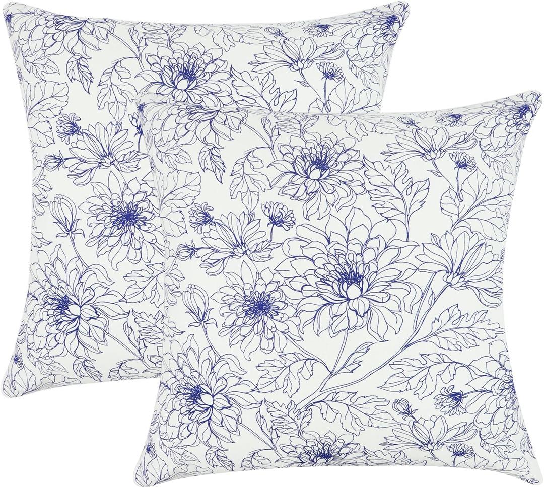 PurpleEssences Floral Pillow Covers Flower Blue Cream Decorative Throw Pillow Covers Set of 2 Chinoiserie 100% Cotton - Spring Summer Easter - 18 x 18 Inch - Blue/Cream