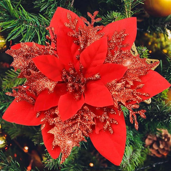 SPORTYOUTH 30 Pcs Red Gold Poinsettia Artificial Christmas Flowers with Clips Stems, 5.5" Xmas Tree Decoration Ornaments Glitter Poinsettias Flower for Wreath Garland New Year Wedding Home Party