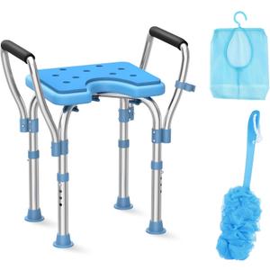 Upgraded Shower Chair with Cutout Seat, Stainless Steel Shower Bench with Removable Arms & Hygienic Design, Heavy Duty 450lbs Adjustable Bath Chair for Inside Shower, for Elderly & Disabled