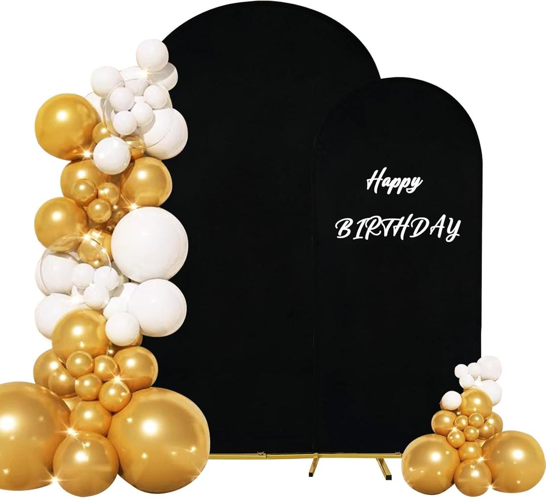 Set of 2 Wedding Arch Cover 2-Sided Round Top Spandex Fitted Arch Backdrop Cover for Birthday Party Baby Shower Wedding Arch Stand Decor7.2FT, 6.6FT, Black