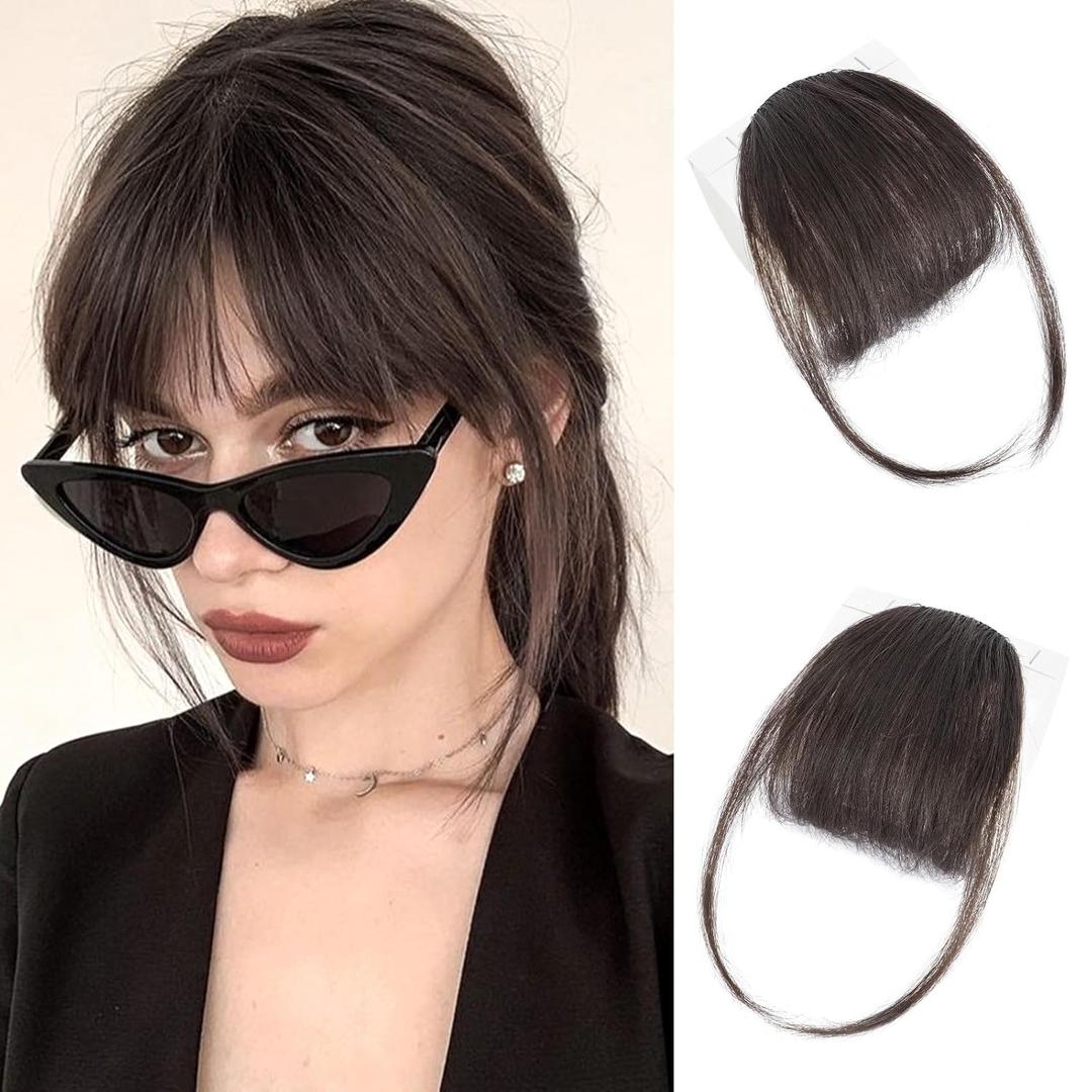 Lommel Clip in Bangs,100% Real Human Hair Wispy Fake Bangs Hair Clip for Women Dark Brown Natural Curtain Fringe with Temples Hairpieces for Daily Wear and Various festivals(Dark Brown)