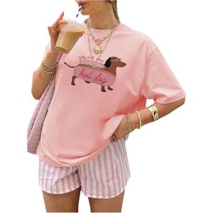 Verdusa Graphic Tees for Women Cute Cartoon Drop Shoulder Short Sleeve Summer T Shirt (Small, Pink)