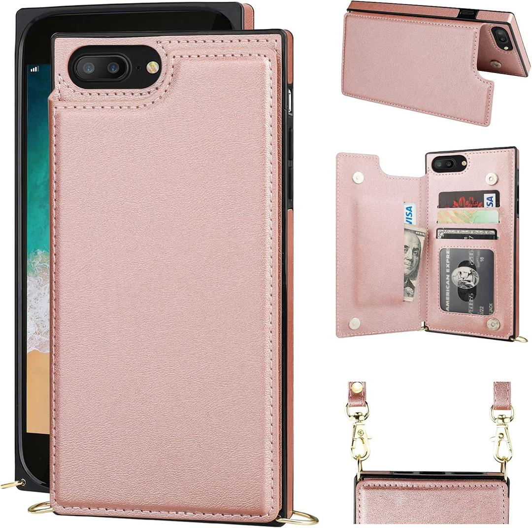 Bocasal Crossbody Wallet Case for iPhone 7 Plus/8 Plus Credit Card Holder PU Leather Kickstand Shockproof Detachable Cross Body Strap Lanyard Magnetic Closure 5.5 inch(Rose Gold)