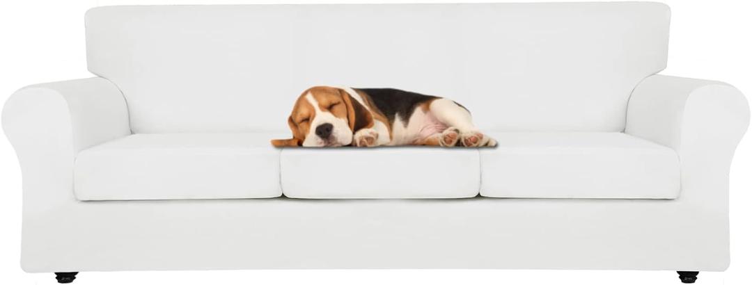 ZNSAYOTX Oversized Velvet Couch Cover 4 Piece (92"-115") Stretch Sofa Covers for 3 Cushion Couch Thick Soft XL-Slipcover with Non Slip Strap, Dog Pet Friendly Nice Furniture Protector (White)
