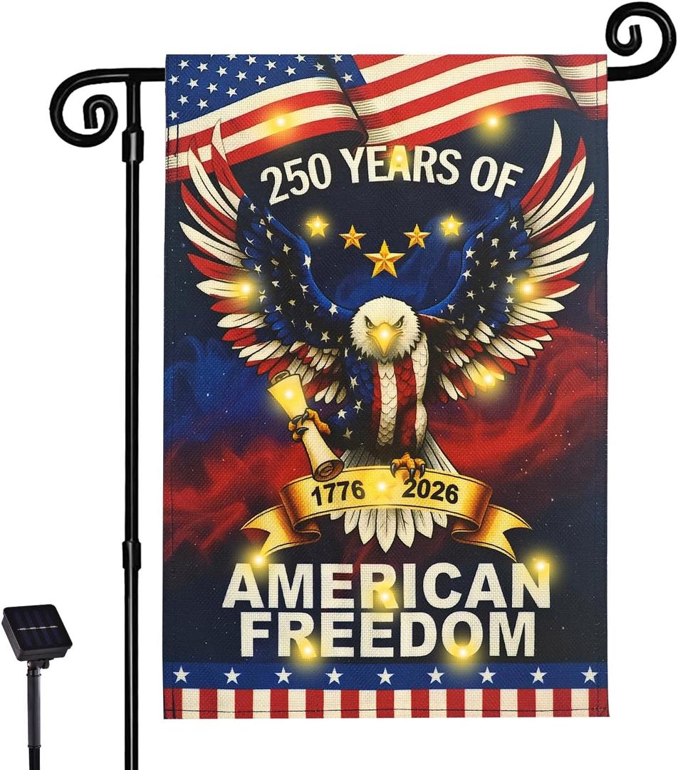 Lighted 250th Anniversary USA Garden Flag for Outside, Solar Led Double-sided Patriotic Banner with 1776-2026 250 Years of American Freedom Design for Independence Day, July 4th Decor (LED USA Eagle, 12 x 18 Inch)