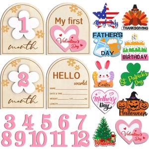 23 Pcs Baby Monthly Milestone Cards My First Holiday Wood Milestone Signs First St. Patrick's Day Easter Interchangeable Number Set Baby Announcement Wood Discs for Newborn Growth Record