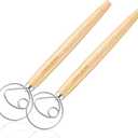 Pack of 2 Danish Dough Whisk, Kitchen Baking Flour Mixing Tool for Sourdough, Bread, Flour Paste, Butter, Pancake, Pizza, Cake, Pastry, Biscuits, Wooden Handle Stainless Steel Ring