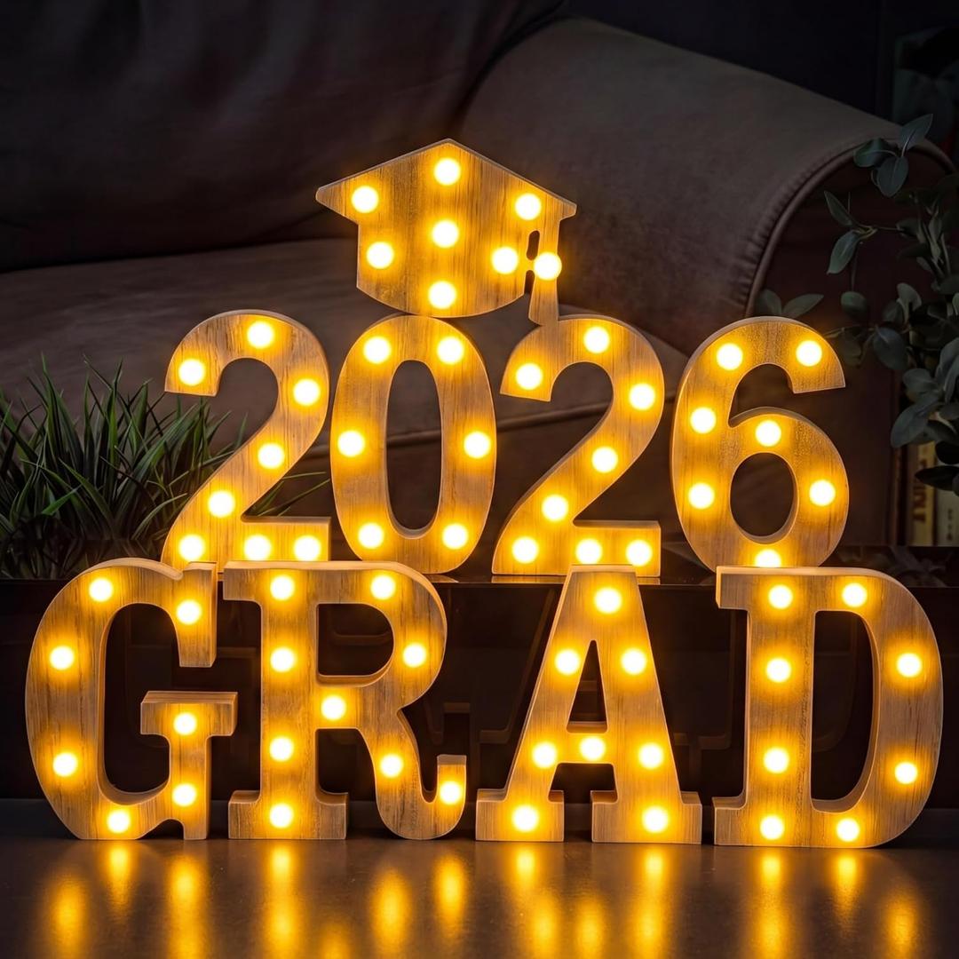 VIHOSE 9 Pcs 2026 Graduation Decorations Marquee LED Letter Signs "GRAD 2026" Grad Cap Light up Wooden Sign 2026 Graduation Party Decoration for Preschool High School College Table Centerpieces Party