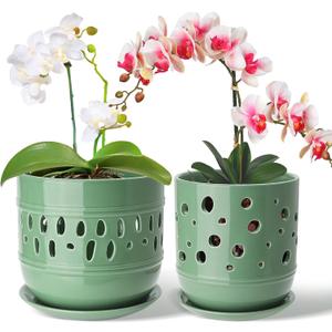 Orchid Pots with Holes, 5+6 Inch Large Orchid Pot with Drainage and Saucers, Ceramic Orchid Planter for Indoor/Outdoor Set of 2 Flower Pots - Pea Green
