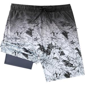 Men's Swim Trunks with Compresssion Liner 7" Swimwear Board Shorts 2-in-1 Bathing Suits with Zipper Pockets (4X-Large, Black Gradient Leaves)