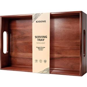 Acacia Wood Serving Tray with Handles, 17 x 12 Inch Large Wooden Tray for Food & Drinks, Coffee Table, Ottoman, Breakfast in Bed Includes Free Leather Mat