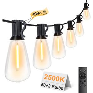 100FT Remote Outdoor String Lights for Outside, 50+2 LED Waterproof Shatterproof Edison Dimmable Timer Bulbs, 2500K Warm White Patio Lights for Garden Backyard Yard Hanging Lighting