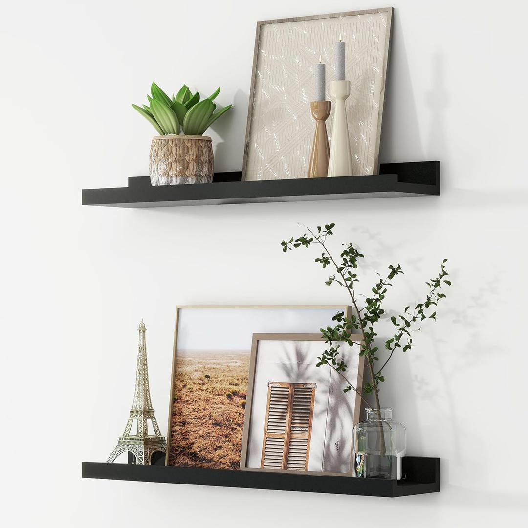 SENJIE Floating Shelves for Wall Décor 24 Inch Long Set of 2 Nursery Book Shelves Bathroom Shelves Over Toilet Shelf for Books, Plants, Toys, Photo Frames, Picture Ledge-Black