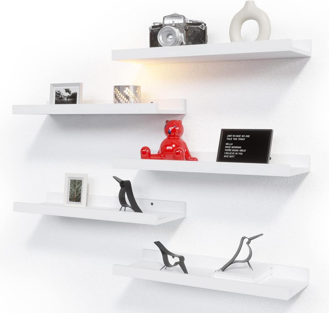 RICHER HOUSE 5 Set White Floating Shelves, Modern Picture Ledge Shelf with Lip for Wall Storage in Nursery, Bedroom, Living Room, Bathroom