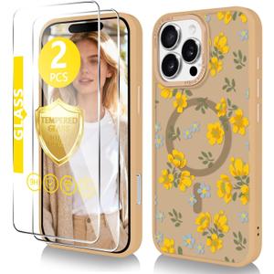 with Magnetic for iPhone 16 Pro MAX Case with Screen Protector, Anti-Fingerprint Translucent Matte Phone Cover for Girls Women-Autumn Flowers/Yellow