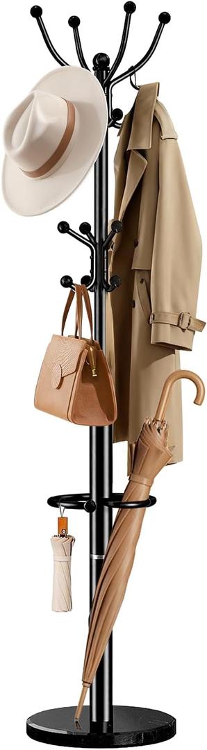 Pipishell Metal Heavy Duty Coat Rack with Sturdy Marble Base, Coat Tree with 16 Hooks & Detachable Umbrella Holder,Coat Rack Freestanding for Entryway, Corner, Bedroom and Home Office, Black