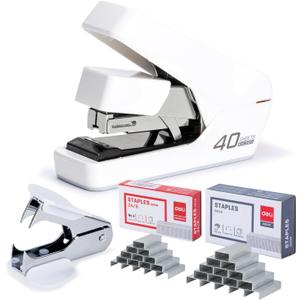 Deli Stapler, Effortless Staplers for Desk, 40 Sheet Capacity Heavy Duty, One Touch, No Effort, Easy to Load, with 2000 Staples & Staple Remover, Good for Office, Home Use, White