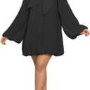Yanfoam Women's Puff Long Sleeve Sweetheart Round Neck Dress Flowy Loose Chiffon for Cocktail Party Mini Dress (Large, Black)