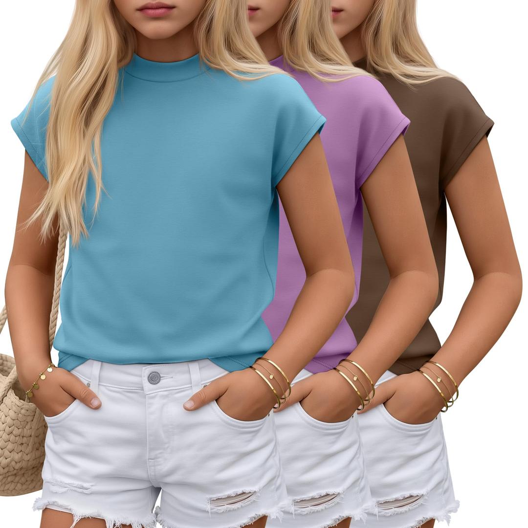 YooAurvox 3 Pack Girls Shirts Summer Cap Sleeve Fashion Mock Turtleneck Tops Kids Loose Fit Casual 2026 Trend Tees 5-14 Y(9-10 Years,Sky Blue, Lavender, Coffee)