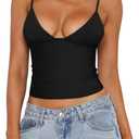 REORIA Butsmooth Womens Sexy V-Neck Sleeveless Double Lined Going Out Y2K Trendy Cami Shirt Cropped Tank Tops (Medium, Black)