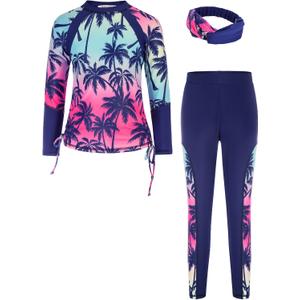 GRACE KARIN Girls Long Sleeve Swimsuit Two Piece Rashguard Floral Swimwear 6-14Y (8 Years, Tree)