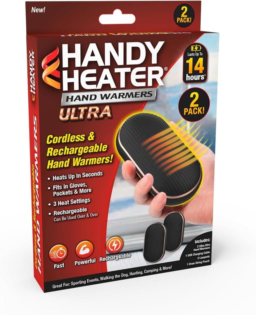 Handy Heater Hand Warmers Ultra - Rechargeable & Cordless with 3 Heat Settings - Portable, Battery Powered, Lightweight - Up To 7 Hours of Run Time Per Warmer - Cold Weather & Camping Hand Heater