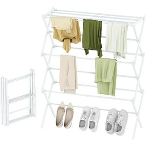 STARLATTA Foldable Drying Rack Clothing, 3Tier Portable Clothes Drying Racks for Indoor & Outdoor, Antirust Compact Laundry Rack Collapsible, Compact Size, 15 lbs Max Load, White 28"D x 10"W x 35"H