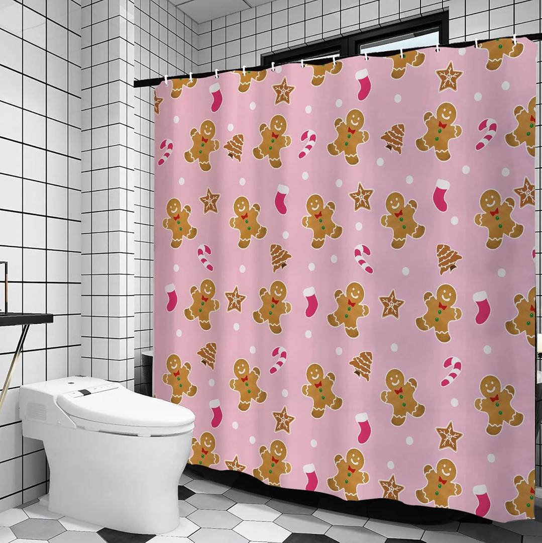 GPGHE Pink Christmas Gingerbread Decorations Shower Curtain Holiday Bathroom Gingerbread Man Curtain with 12 Hooks 71x71 Inch