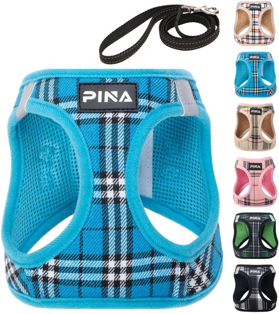 PINA Dog Harness for Small Dogs No Pull, Small Dog Harness and Leash Set, No Choke Breathable Mesh Dog Vest Harness, Lightweight Adjustable Small Medium Dog Harness - Easy to Put On and Take Off (S (Neck:10-13" , Chest:14-17"), Sky Blue Plaid)