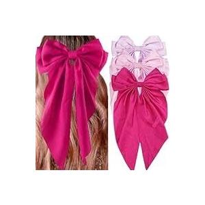 3Pcs Satin Hair Accessories: Big Bows, Hair Ties, and Long Tail Clips for Women and Girls (Purple, Pink, Magenta) 2 Pack
