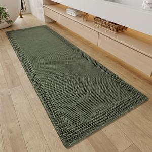 RESARE Waffle Bathroom Runner Rugs, Super Absorbent Bath Mat Non Slip Washable Quick Dry, Upgraded Ultra Soft Boho Bath Rugs with Tassels for Hallway Bedroom Laundry Room, 2'x5'(24"x60"), Green