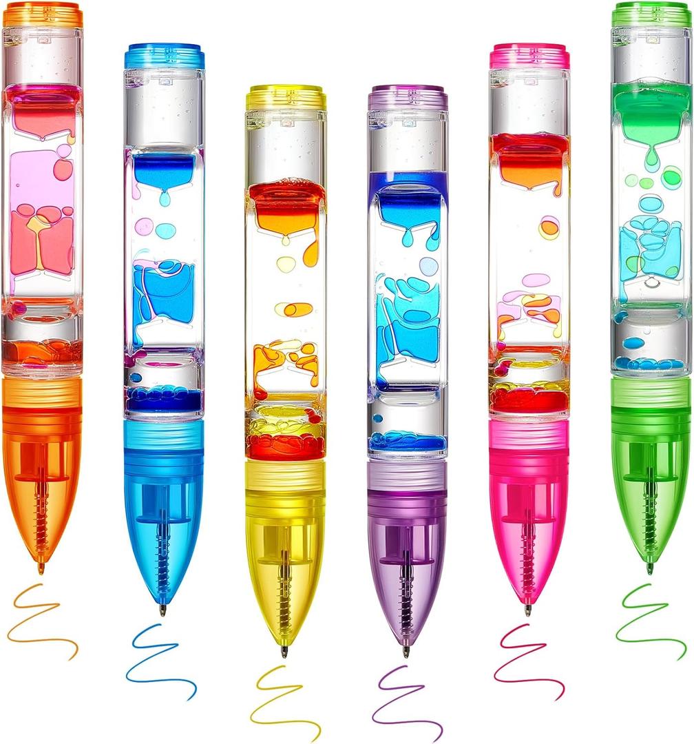 6 Pcs Liquid Motion Bubbler Pens Colorful Hourglass Liquid Timer Pens Sensory Play Fidget Toy Novelty Fun Fidget Pen for Kids Adults Stress and Anxiety Relief Gifts