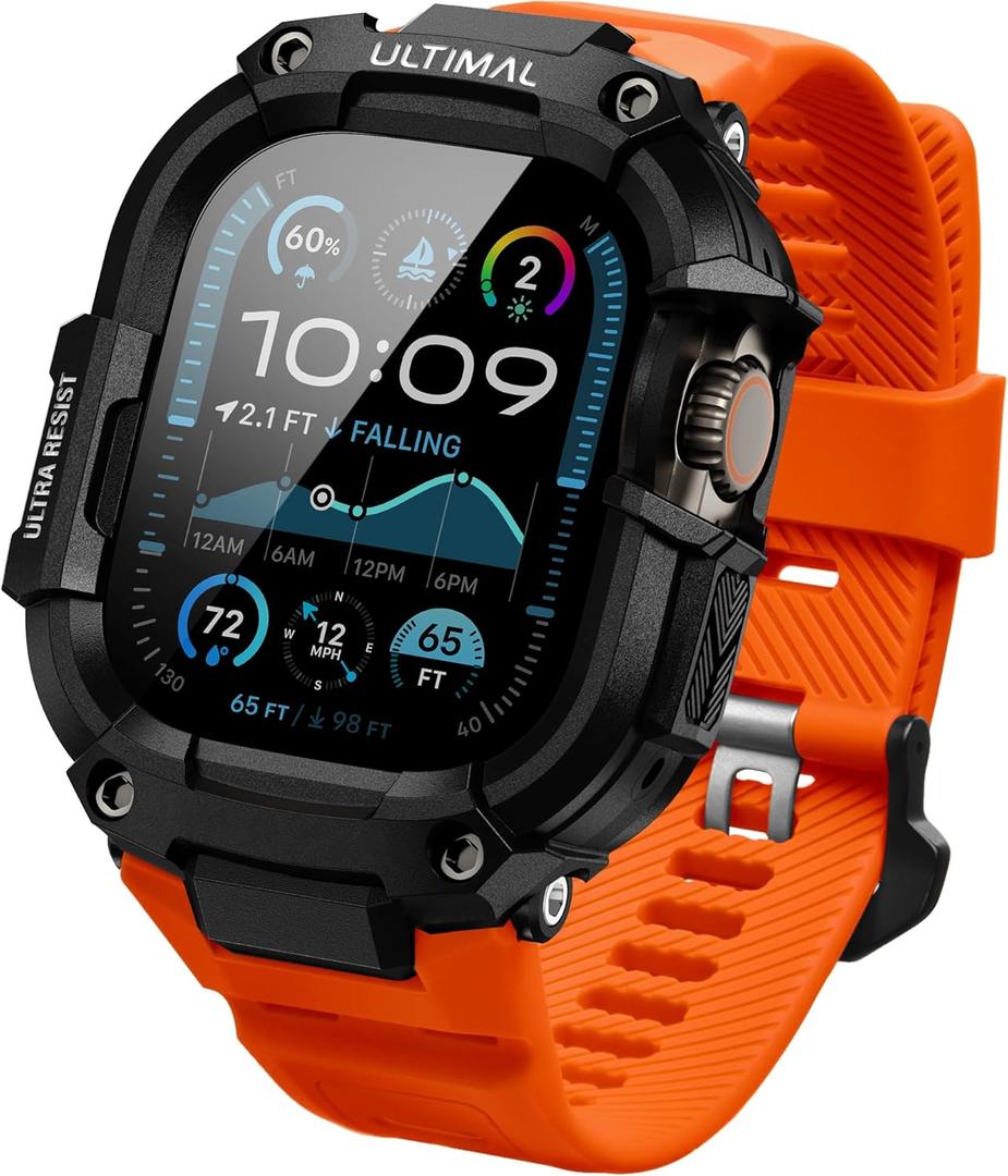 ULTIMAL Bands Case Compatible with Apple Watch Ultra 2/1 49mm for Men, Rugged Sports Band with Tough Shockproof Bumper Case, Heavy Duty Replacement Band (Black/Orange)