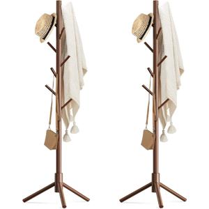 Haddockway Wooden Coat Rack Stand with 8 Hooks New Zealand Pine 3 Adjustable Coat Standing Tree Easy Assembly for Coats, Hats, Scarves and Handbags for Entryway, Hallway, Bedroom, Office,2 PCS (Brown)
