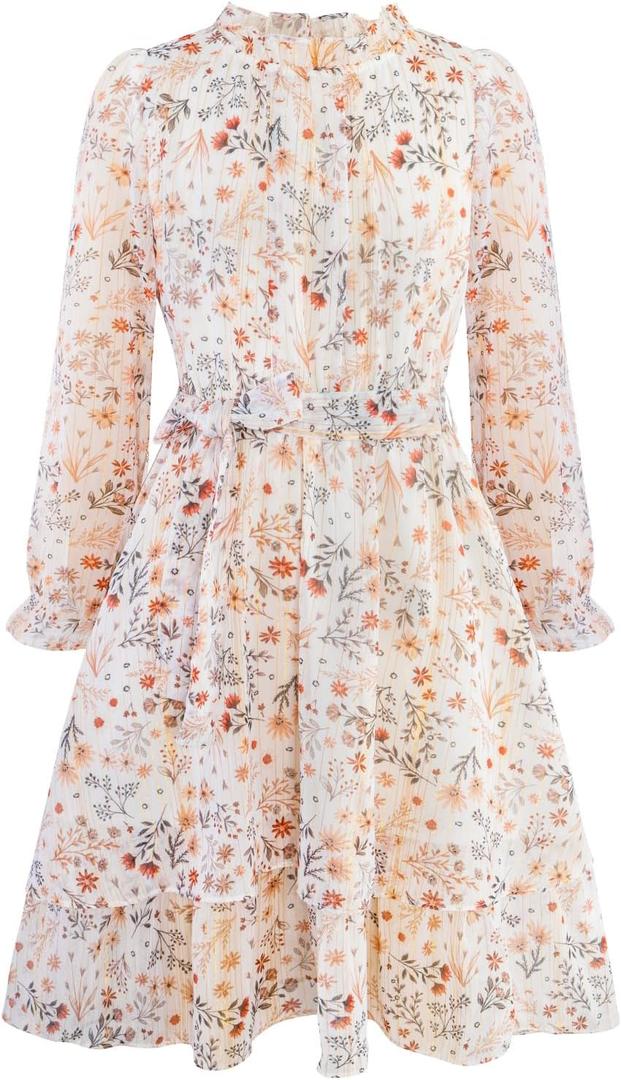 Girls Fall Long Sleeve Dress Floral Ruffle Flower Girl Formal Party Holiday Midi Dresses with Belt 5-14 Years (7-8 Years)