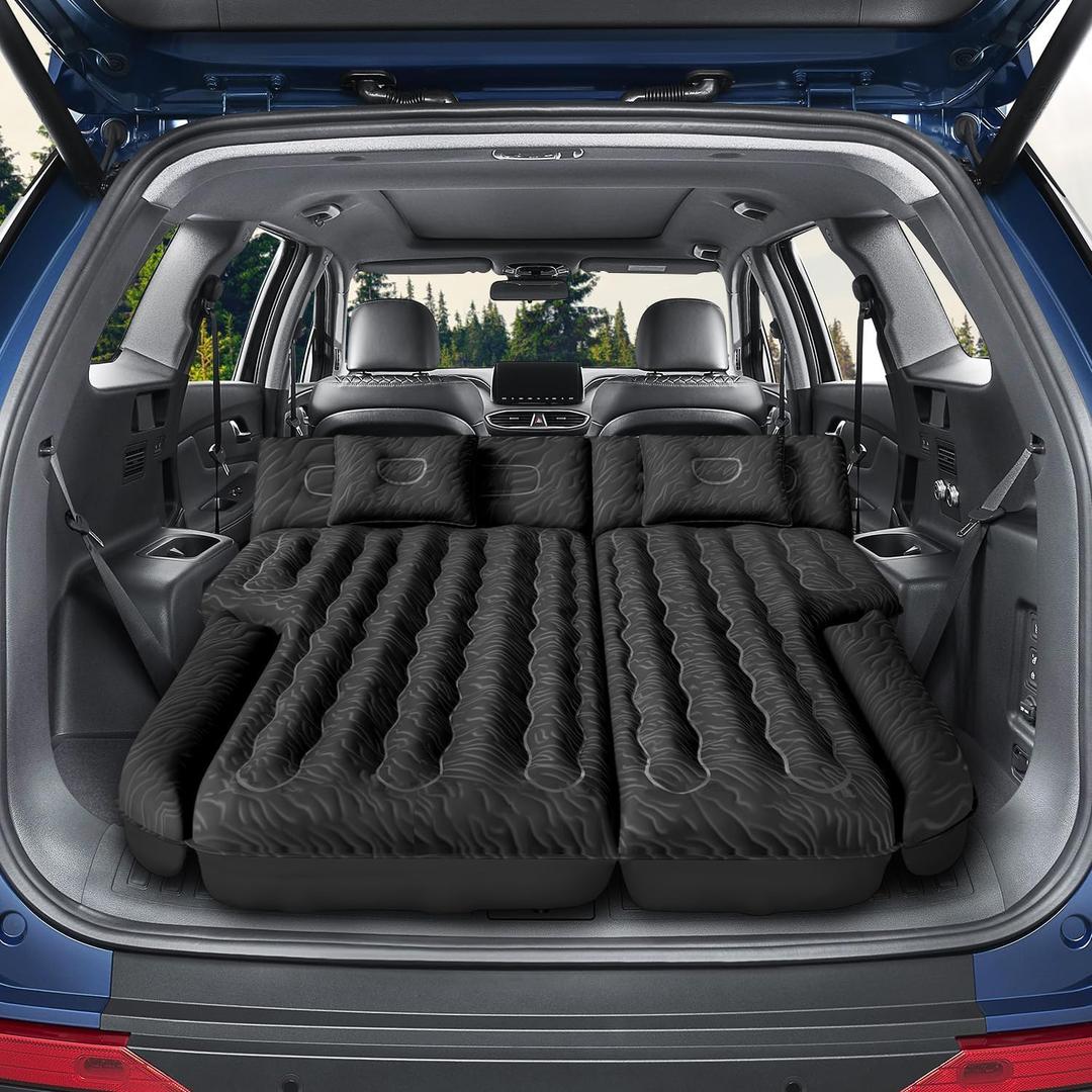 Inflatable SUV Air Mattress Bed Car Mattress for SUV, Double-Sided Flocking Travel Camping Bed Car Air Mattress, Car Sleeping Mattress Bed for Universal SUV with Car Air Pump 2 Pillows (Black)