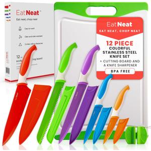 EatNeat 12-Piece Knife Set  Chef, Bread, Carving, Utility & Paring Knives with Sheaths, Sharpener & Cutting Board  Non-Stick Stainless Steel, Ergonomic, Dishwasher Safe  Ideal for Home, RV & Gift (Multicolor)