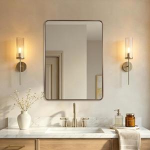 ANDY STAR Brushed Champagne Bronze Bathroom Vanity Mirror, 22x30’’ Rounded Rectangle Wall Mirror for Bathroom Sink, 1’’ Rustproof Tube Metal Frame, Wall Mounted Vertical/Horizontal for Home Remodel