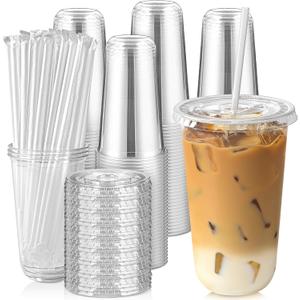 [100 Sets - 18oz Round Bottom Clear Plastic Cups with Lids and Straws, Disposable Iced Coffee Cups with Lids To Go Cold Drink Cups for Smoothies, Juices, Party Catering
