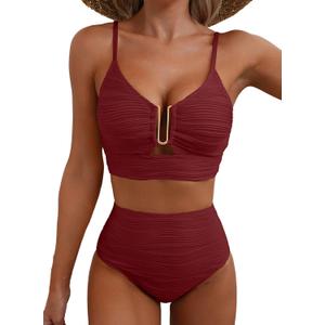 Herseas Summer Beach High Waisted Bikini Sets V Neck Spaghetti Straps Push Up Swimsuit Full Coverage Swimwear Bathing Suit Flattering Beach Vacation Clothes Burgundy, X-Small