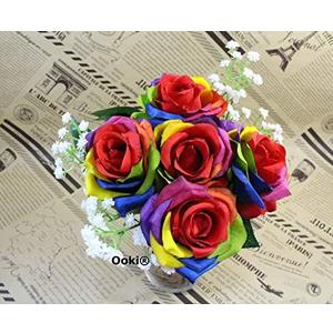Ooki Custom Handmade Artificial Silk Rainbow Rose Toss Bouquet Bridesmaid Flower Bush Arrangement Home Decor Wedding Party Celebration Centerpiece Twine