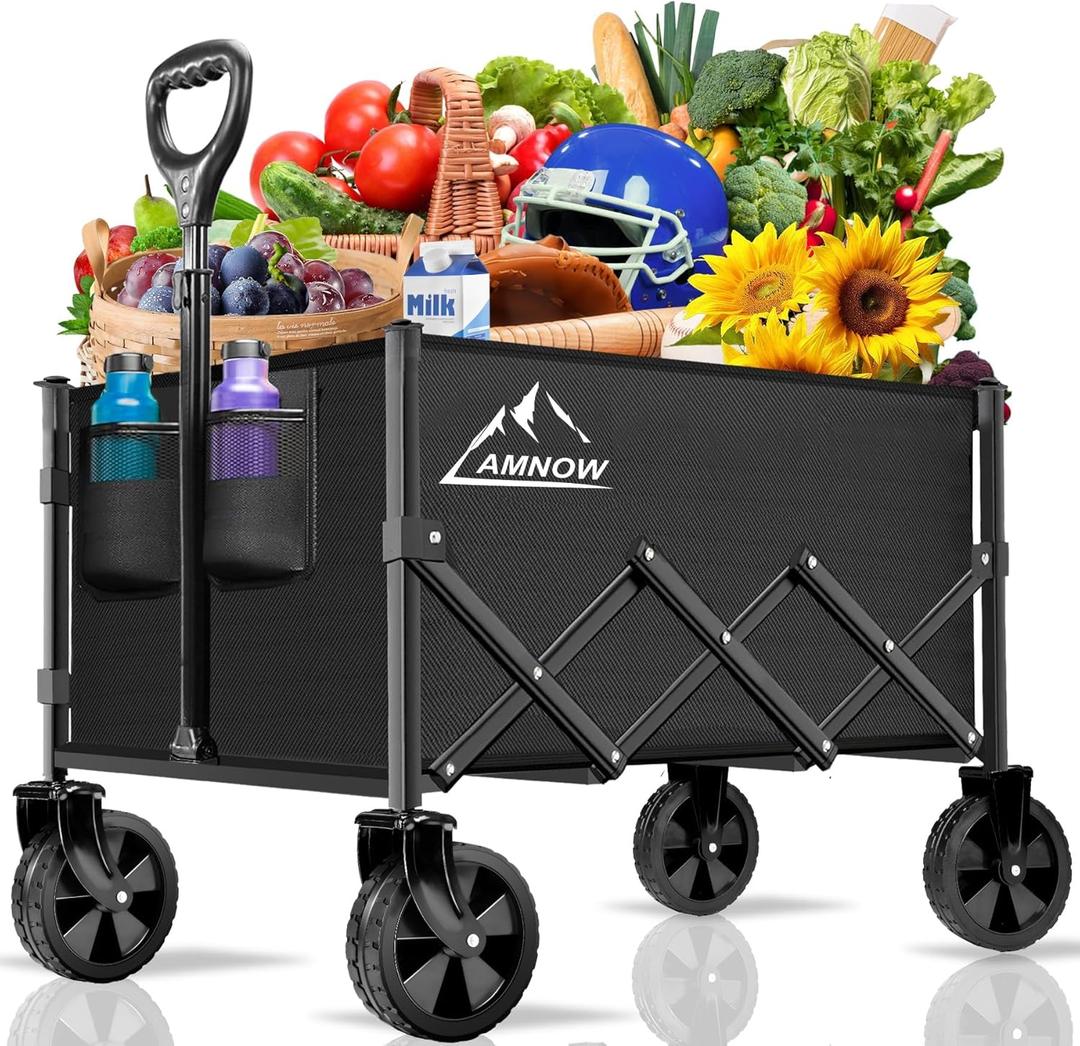 Collapsible Folding Wagon Cart, 350LBS Utility Large Capacity Cart Foldable Wagon with All Terrain Wheels, Grocery Wagons Carts for Garden Shopping Sports Camping, Black (100L)