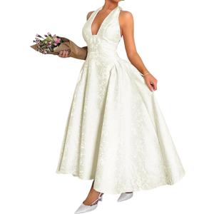 ChiaoLezhee Jacquard Maxi Dress, V Neck A Line, Wedding Guest Prom, Halter Corset Pastel Tea Party Vacation Semi Formal White, X-Large