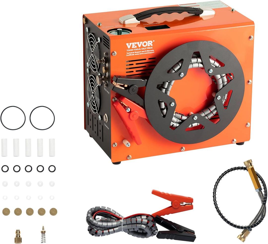 VEVOR PCP Air Compressor, 4500PSI/30Mpa Portable PCP Airgun Compressor with Built-in Power Converter, Auto-Stop | DC12V/AC120V | Oil & Water-Free Air Rifle, Paintball and Scuba Tank Compressor Pump