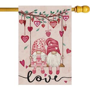 Valentines Day Romantic Swing Gnome Love Hearts House Flag Big Large Burlap 28X40 Inch Vertical Double Sided Outside Yard Holiday Outdoor Farmhouse Decoration