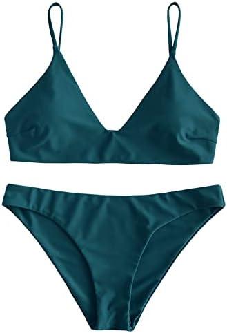 ZAFUL Women's Solid Spaghetti Strap Bralette Bikini Set Two Piece Swimsuit, Small