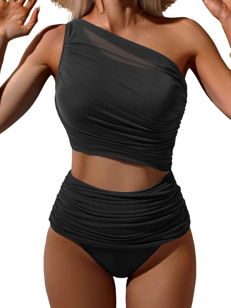 Bikini Sets for Women Tummy Control Two Piece Swimsuits Mesh One Shoulder Bathing Suits (Black, S)